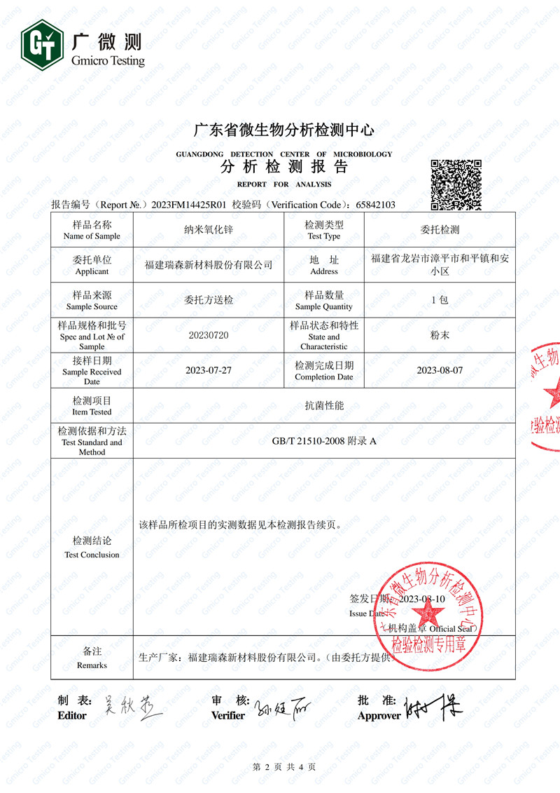 纳米氧化锌抗菌性能分析检测报告2